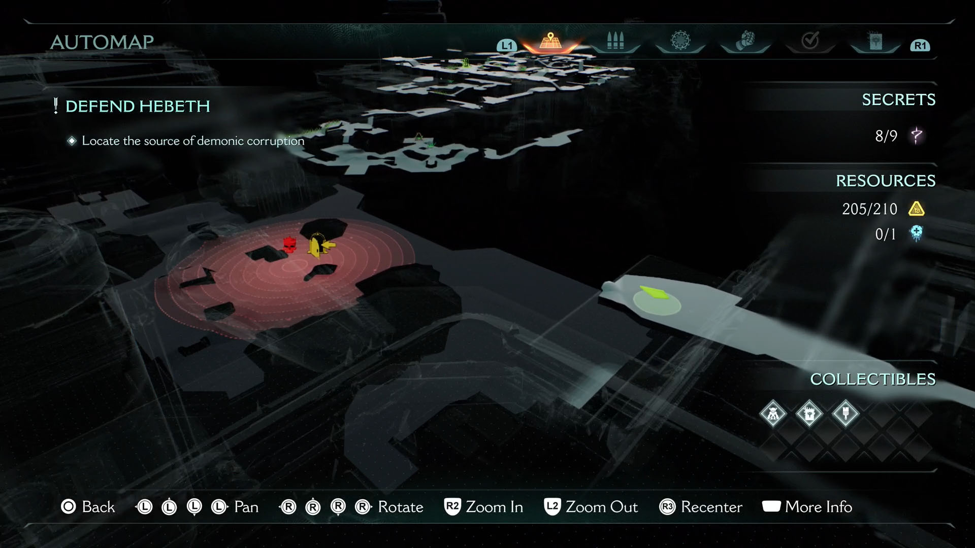 A Doom: The Dark Ages screenshot showing the map of Hebeth. In a 3D representation of the place, you can see a red skull icon in the next large area, meaning you’re about the find an enemy.
