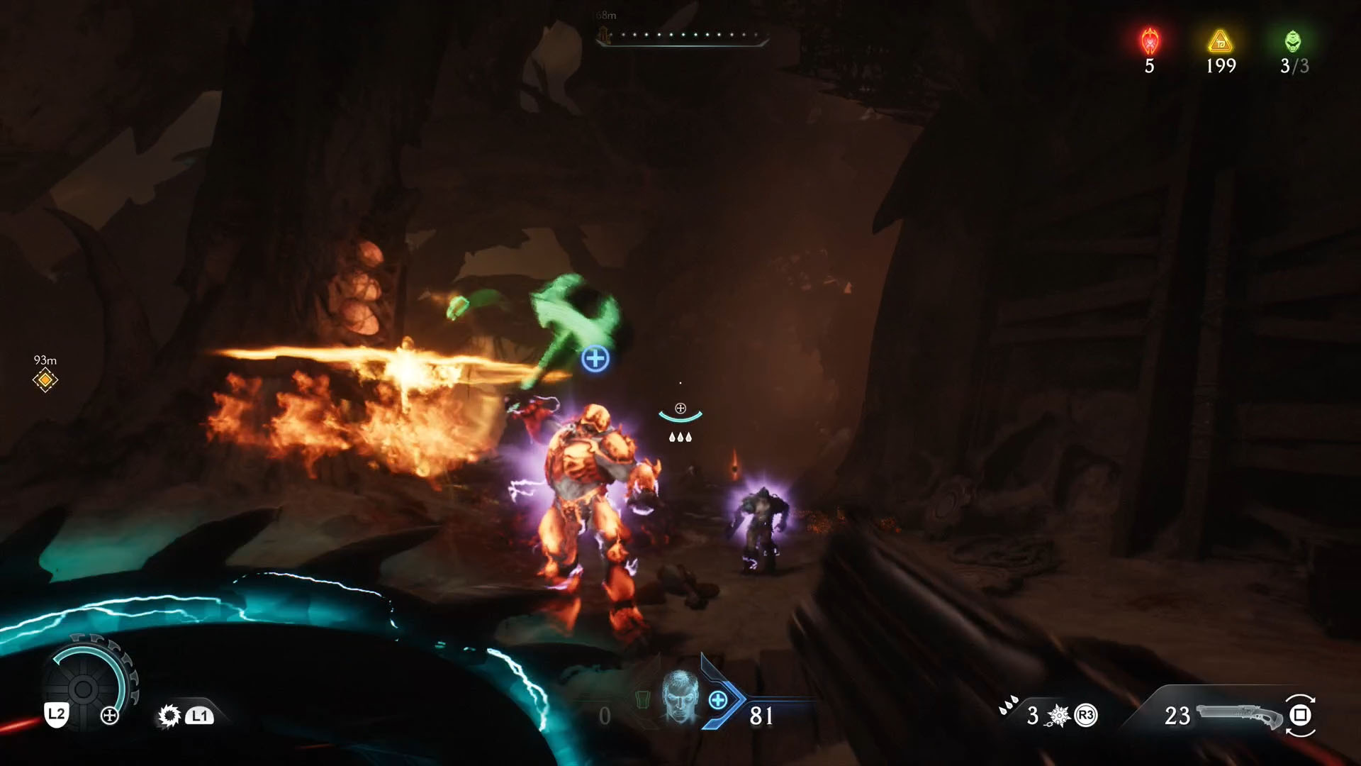 A Doom: The Dark Ages screenshot showing a Hell Knight with their armor all red and throwing an axe of green energy.