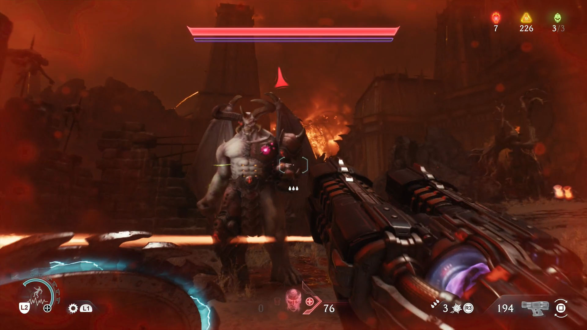 A Doom: The Dark Ages screenshot showing a Cyberdemon, the leader of chapter 10 who gives you a Health upgrade.