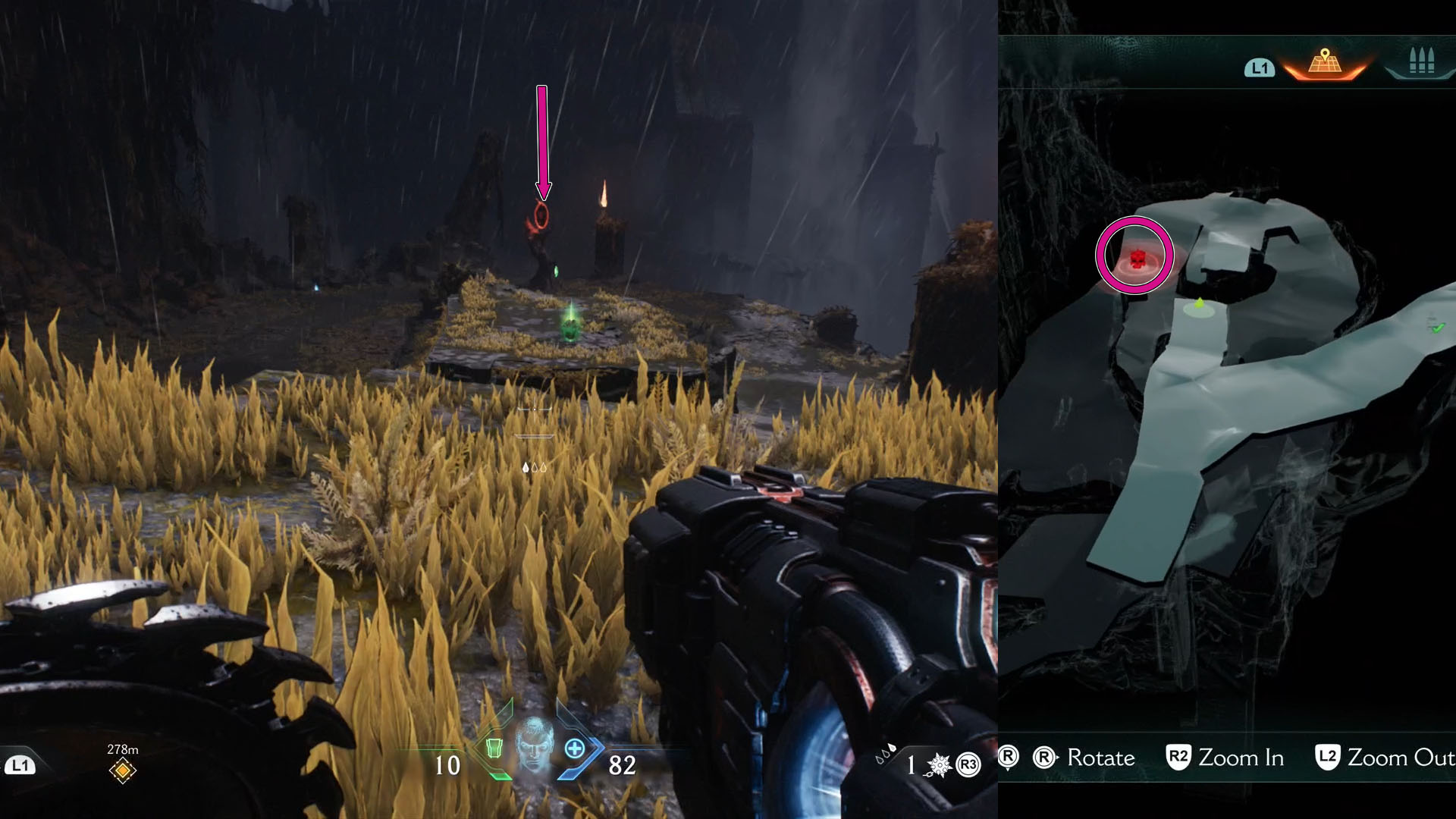 a montage with two Doom: The Dark Ages screenshots. On the left side, you see a pink arrow pointing to a tree and on the right side the area represented in map form.