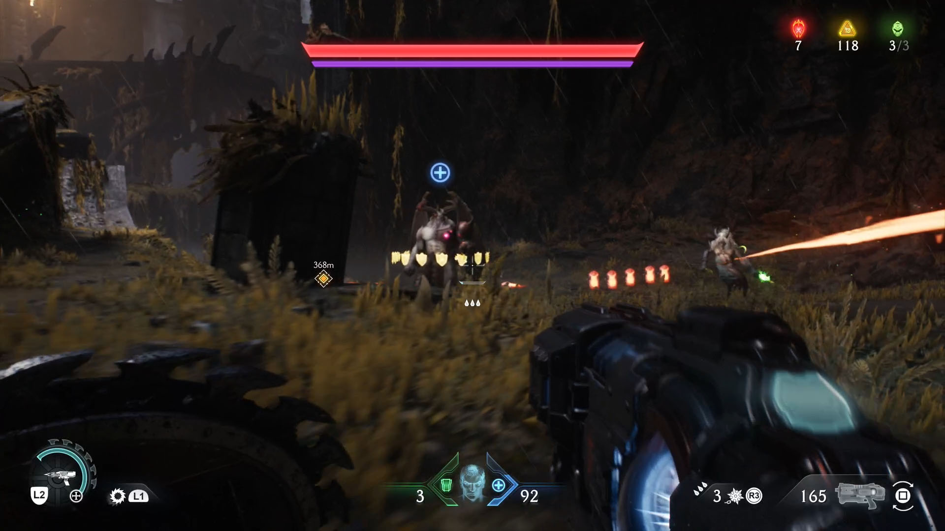A Doom: The Dark Ages screenshot showing the chapter 14 leader, a Cyberdemon surrounded by shield icons indicating their morale bar hasn’t been depleted yet.