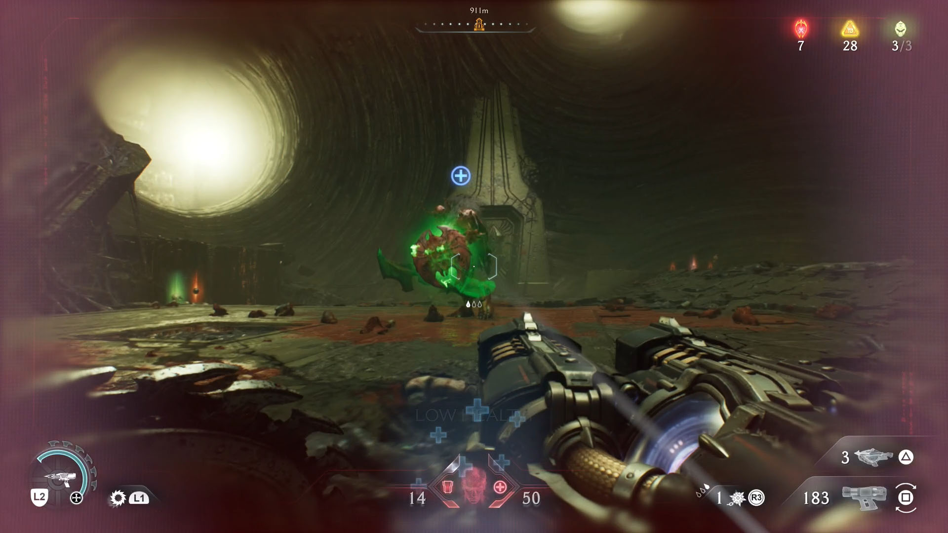 A Doom: The Dark Ages screenshot showing the leader of chapter 15, an Agaddon Hunter holding a shield glowing in green.