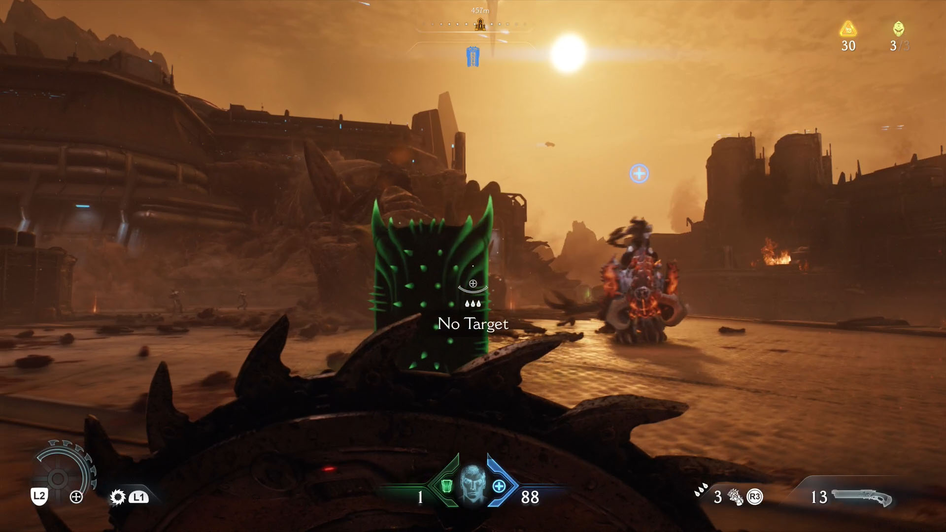 Image showing a magical green shield floating toward the play. This is an attack of the leader found in Hebeth, the second level in Doom: The Dark Ages.