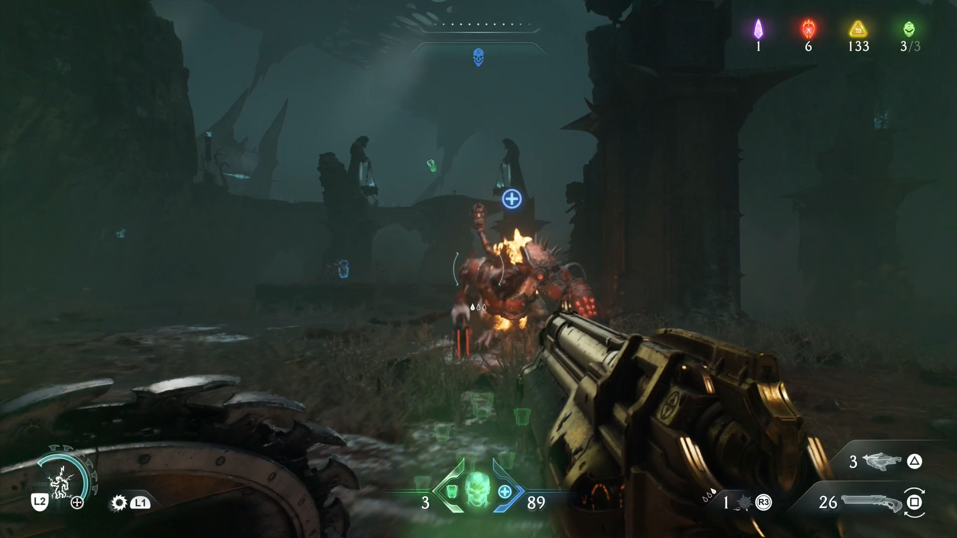 A Doom: The Dark Ages screenshot of the leader in chapter 19, a Komodo, a giant monkey-like creature wearing armor.