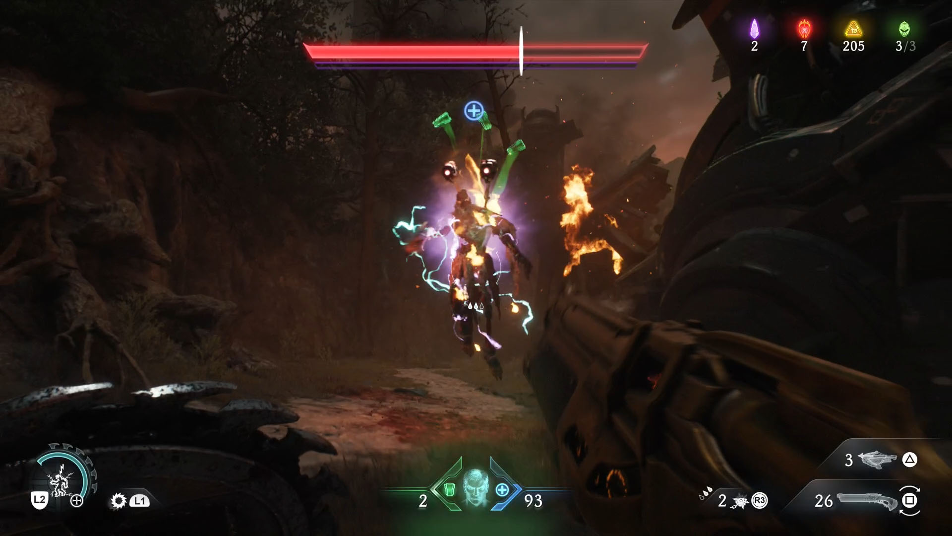 A Doom: The Dark Ages screenshot showing the leader of Chapter 20, a Revenant. They are on burning due and dropping green translucent Armor orbs.