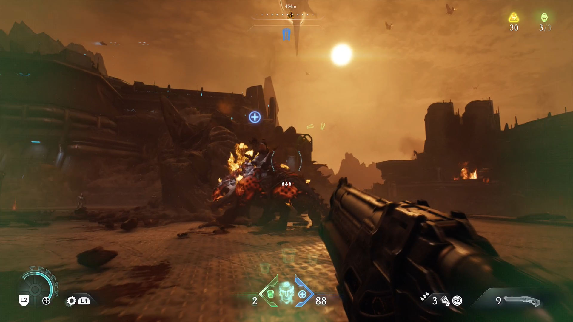 In this image there is the demonic beast ridden by the leader in Hebeth, one of Doom: The Dark Age’s levels. The beast has armor all over its body and they are on fire due to the upgraded we unlocked for the combat shotgun.