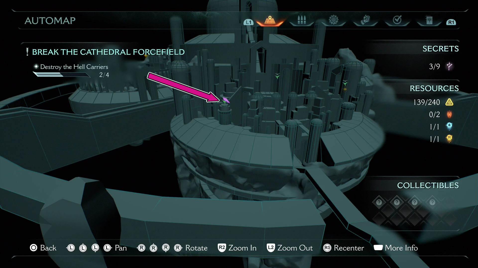 A Doom: The Dark Ages screenshot showing the location in Chapter 5 of the secret landing zone on the map.