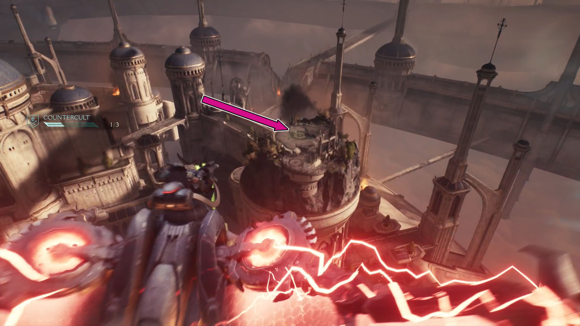 A Doom: The Dark Ages screenshot showing the tower where you can land with your cyberdragon in Chapter 5.