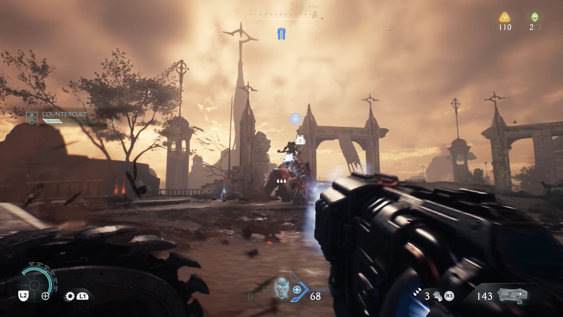 A Doom: The Dark Ages screenshot showing the leader of Chapter 5, a Pinky Rider.