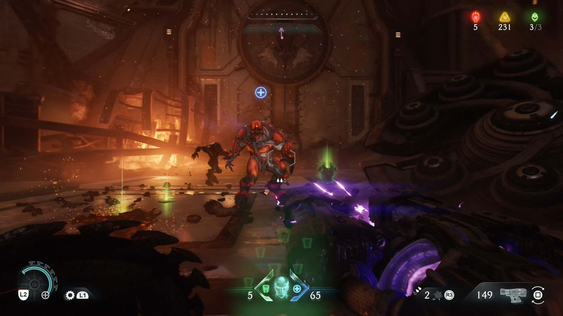 A Doom: The Dark Ages screenshot showing the leader of Chapter 7, an armored Hell Knight.