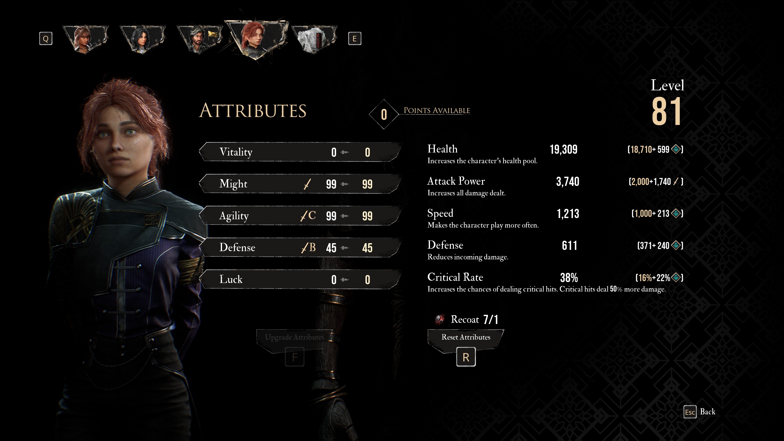 A screenshot of Maelle’s attribute screen in Expedition 33.