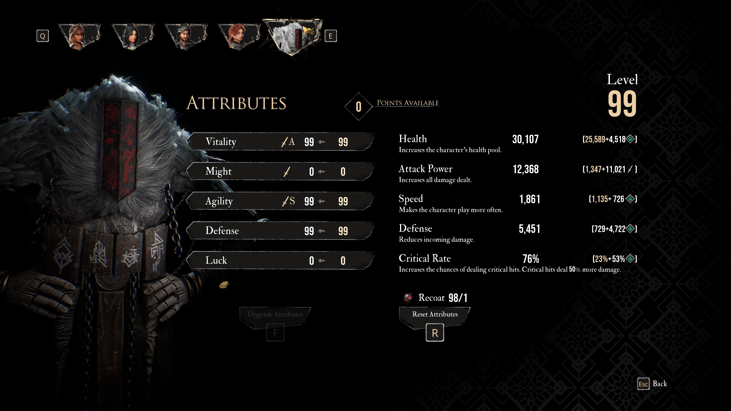 A menu shows the best attributes for Monoco in best Monoco build in Clair Obscur Expedition 33