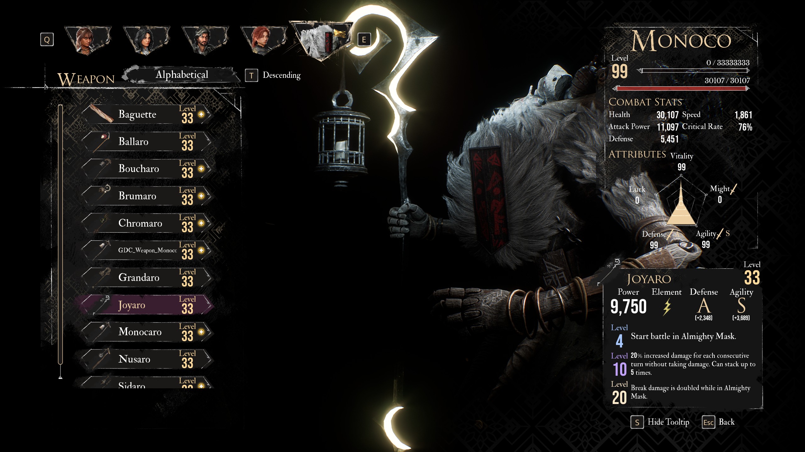 A menu shows the best weapon for Monoco in best Monoco build in Clair Obscur Expedition 33