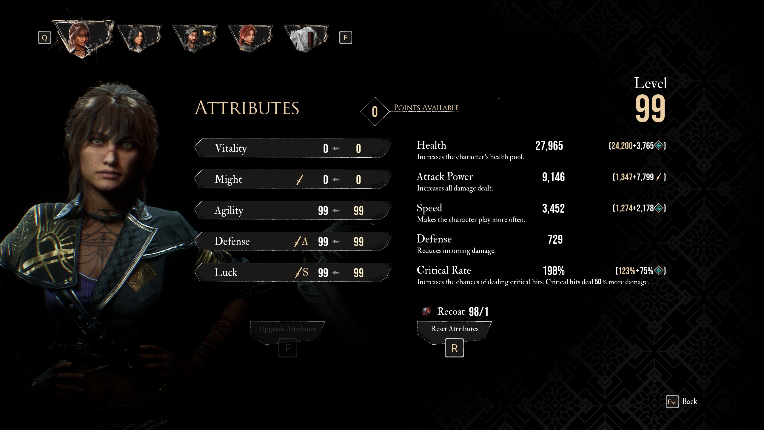 A menu shows the best attributes for Sciel in the best Sciel build in Clair Obscur Expedition 33