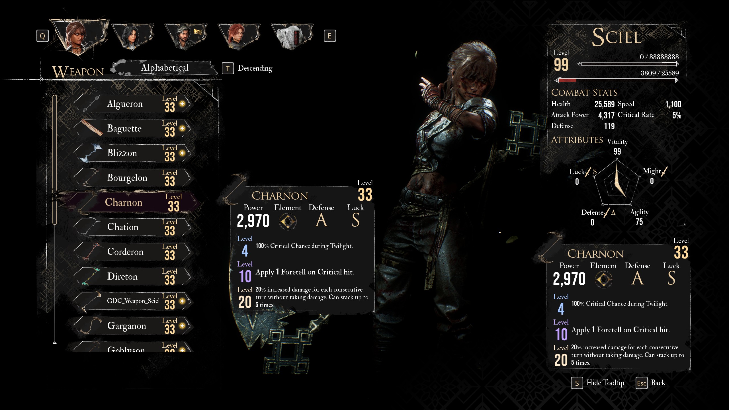 A menu shows the best weapon for the best Sciel build in Clair Obscur Expedition 33