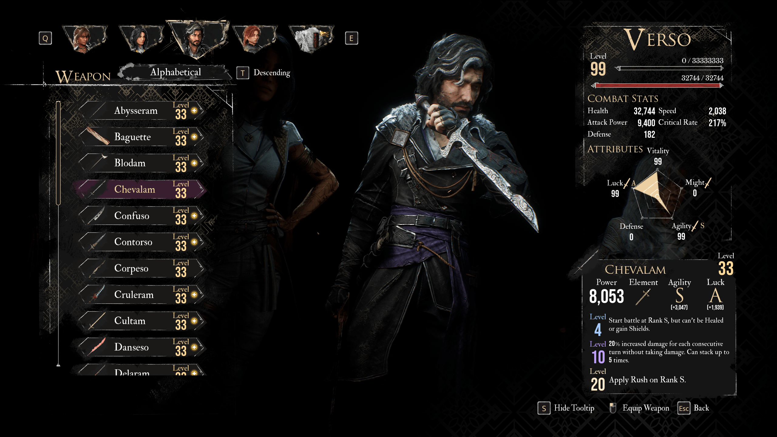 A menu shows the best weapon for Verso in the best Verso build in Clair Obscur Expedition 33