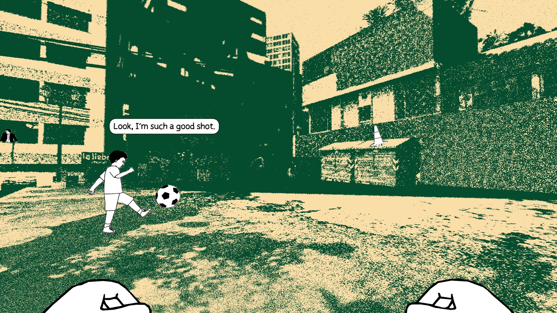 A cartoon kid kicks a ball saying ‘Look, I’m such a good shot.‘ in Despelote