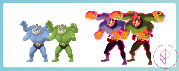 Machamp and Gigantamax Machamp with its shiny forms in Pokémon Go. Both shinies turn green.