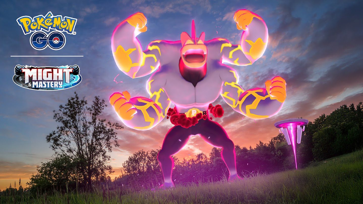 Gigantamax Machamp flexes its muscles near a power spot in Pokémon Go