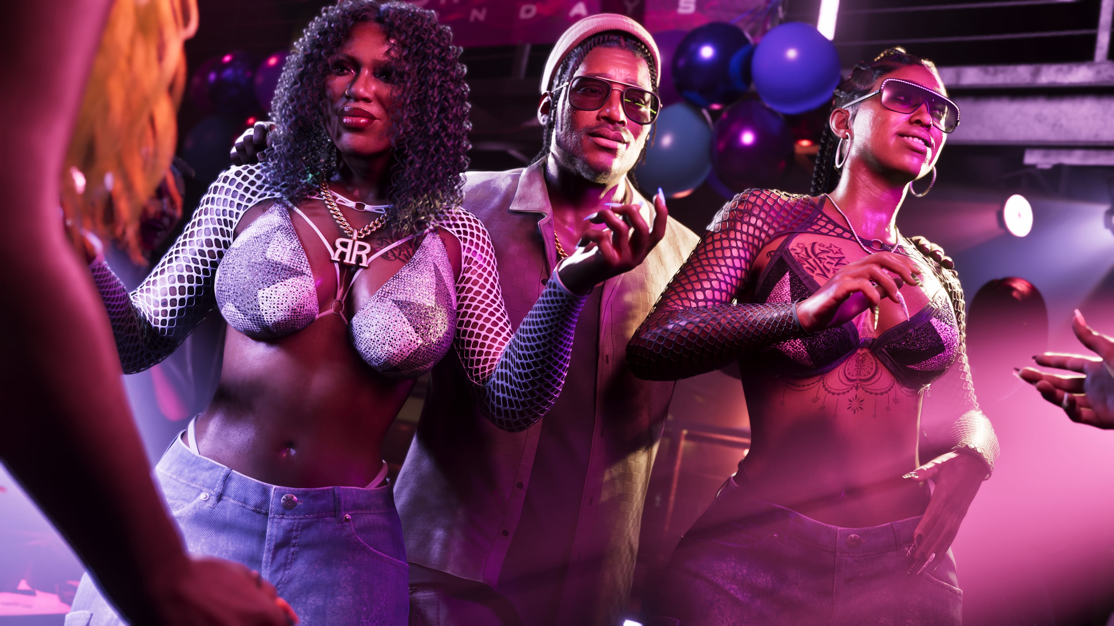 Dre’Quan Priest is flanked by the Real Dimez in a nightclub setting in a screenshot from Grand Theft Auto 6