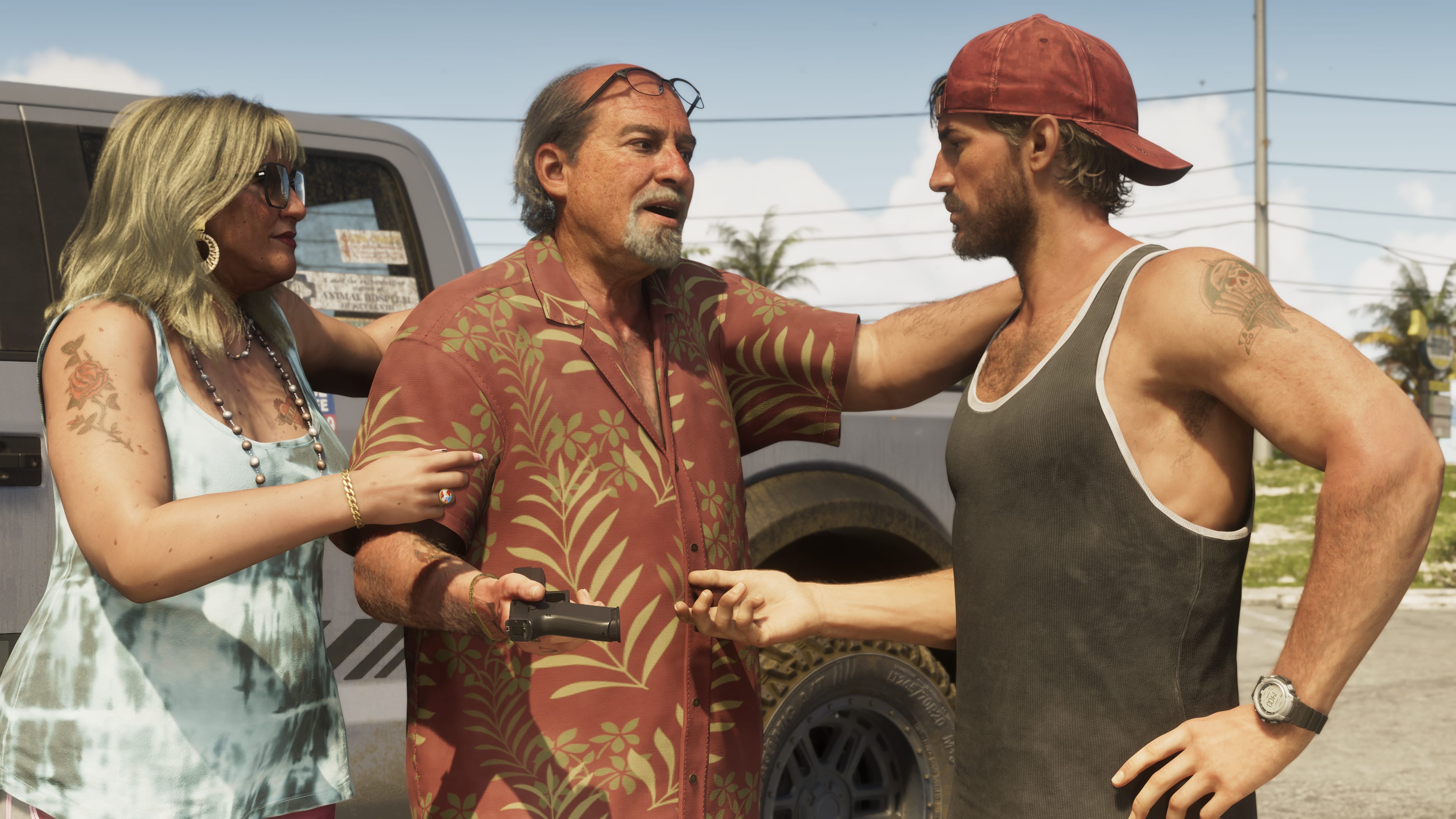 Brian hands Jason a gun in a screenshot from Grand Theft Auto 6