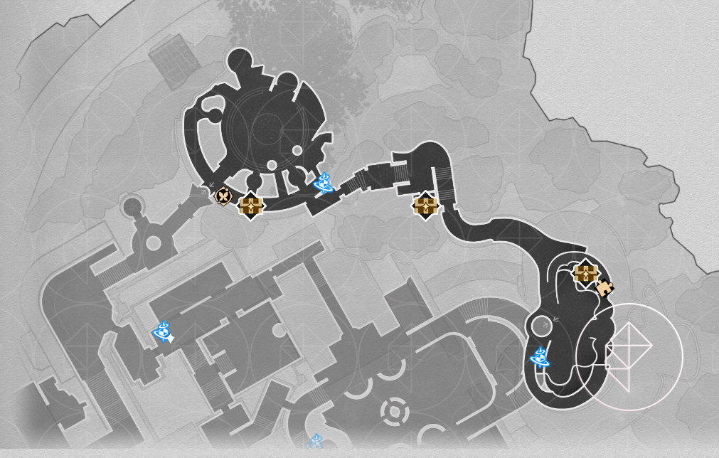 A map of the upper floor or Okhema’s right side with the chests marked in Honkai: Star Rail.