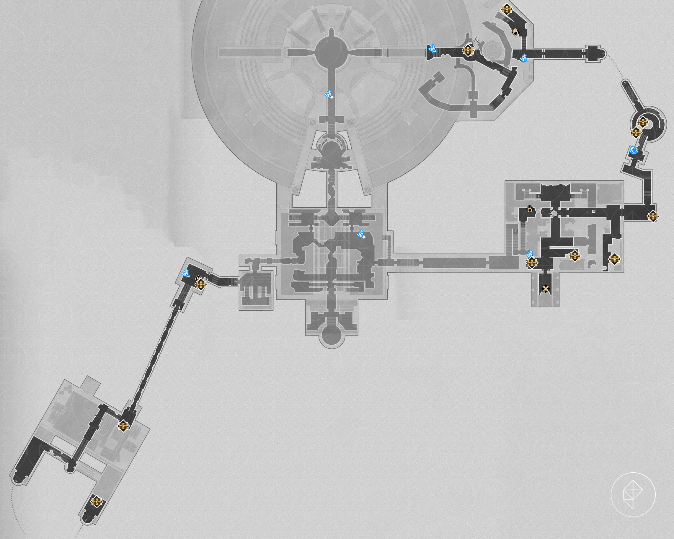 The ‘Strife Ruins’ Castrum Kremnos first floor map in Honkai: Star Rail with the treasure chests marked.