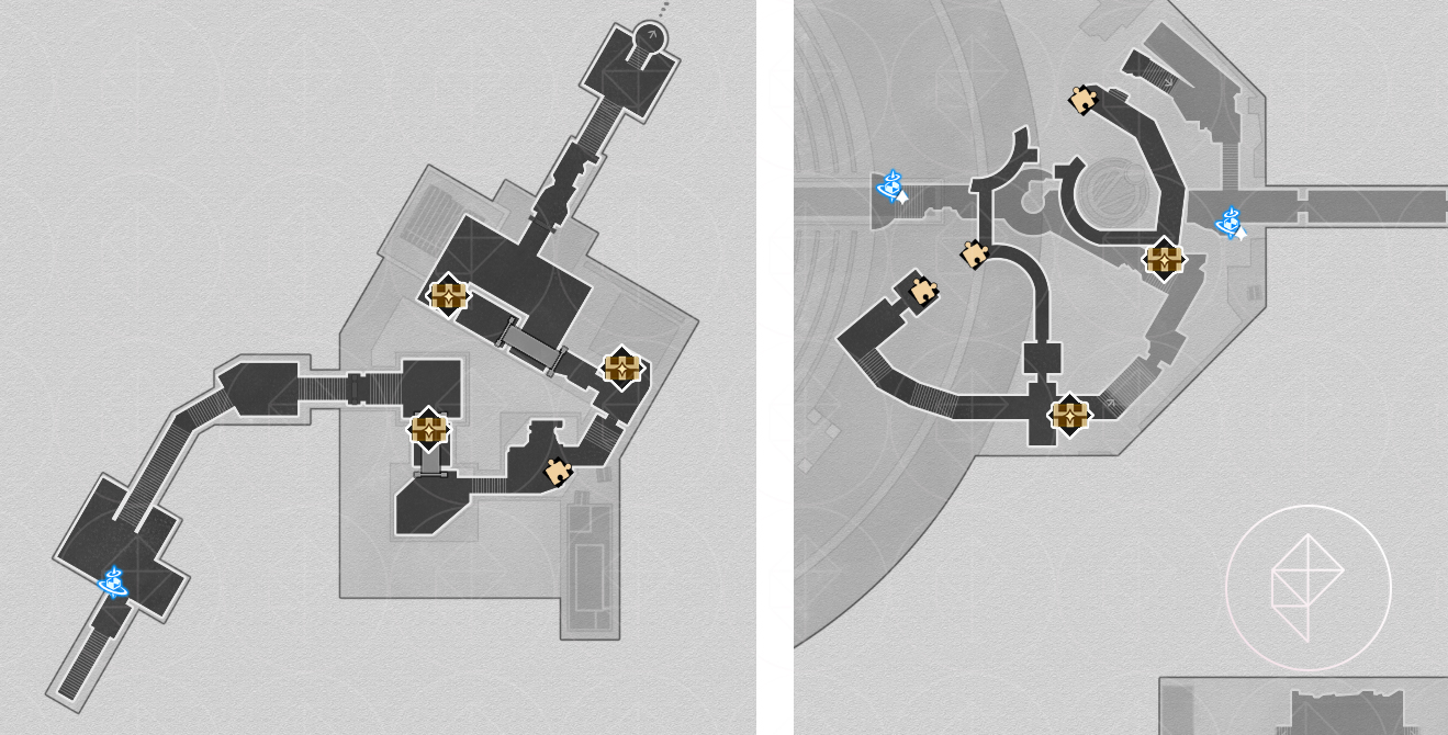The ‘Strife Ruins’ Castrum Kremnos basement map in Honkai: Star Rail with the treasure chests marked.