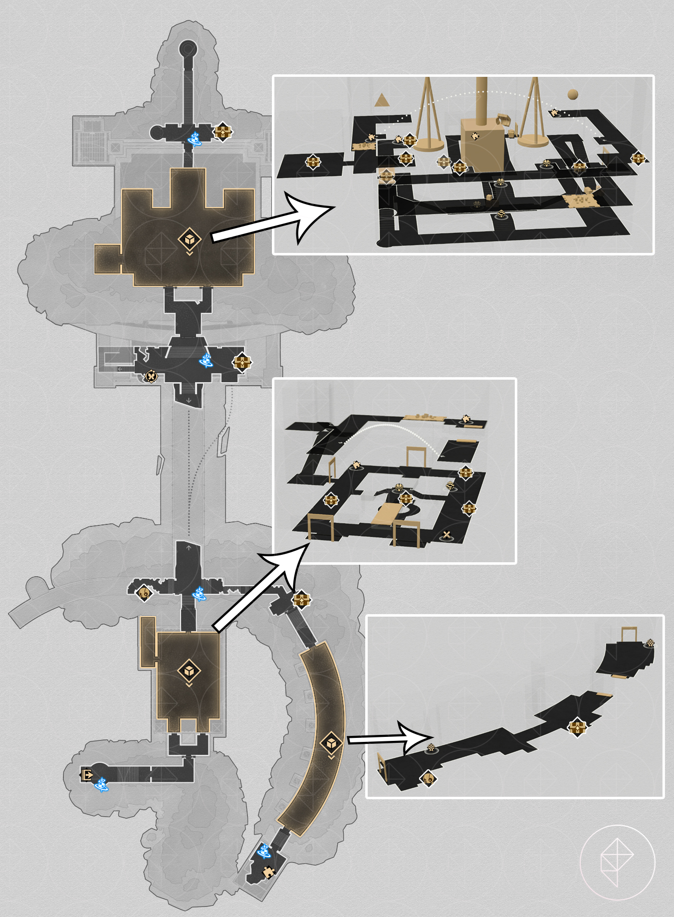 A map of the top floor of Janusopolis in Honkai: Star Rail with the various chests labeled.