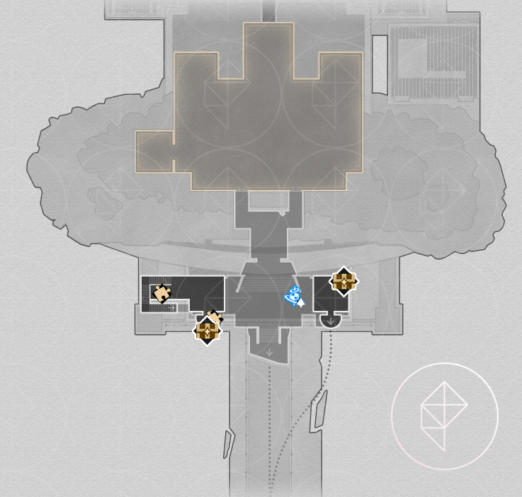 A map of the bottom floor of Janusopolis in Honkai: Star Rail with the various chests labeled.