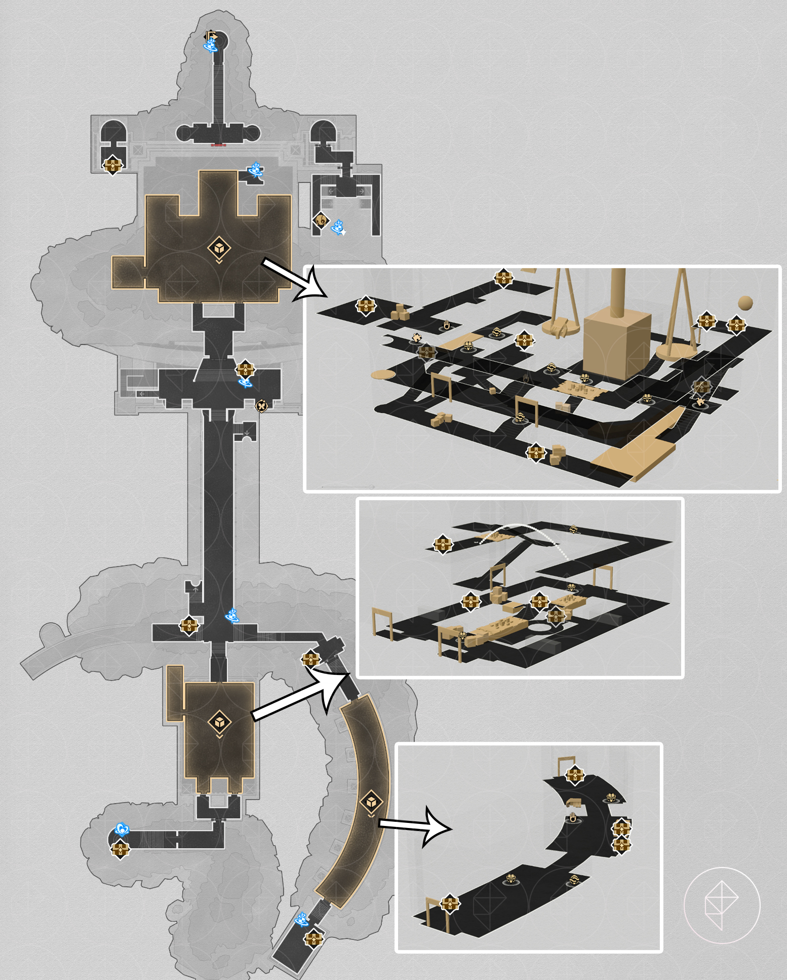 A map of the “Sanctum of Prophecy” Janusopolis’ first floor, marking the locations of visible treasure.