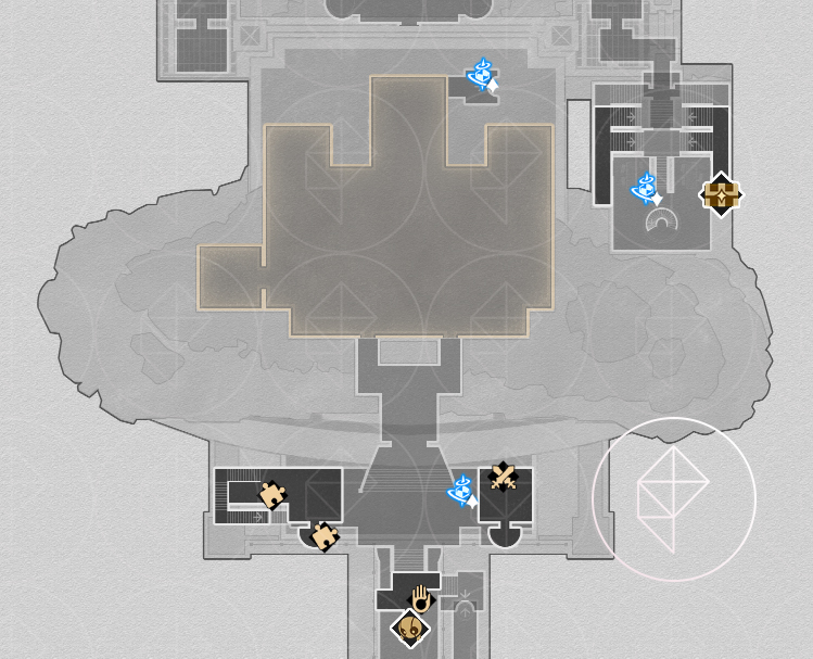 A map of the “Sanctum of Prophecy” Janusopolis’ first basement floor, marking the locations of visible treasure.