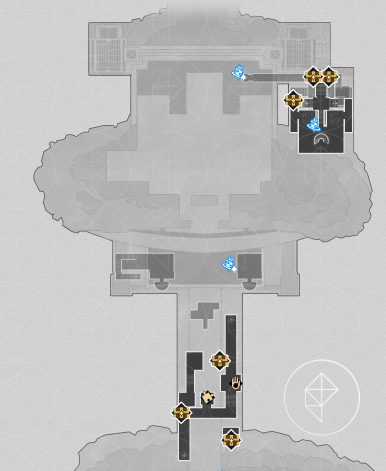 A map of the “Sanctum of Prophecy” Janusopolis’ second basement floor, marking the locations of visible treasure.