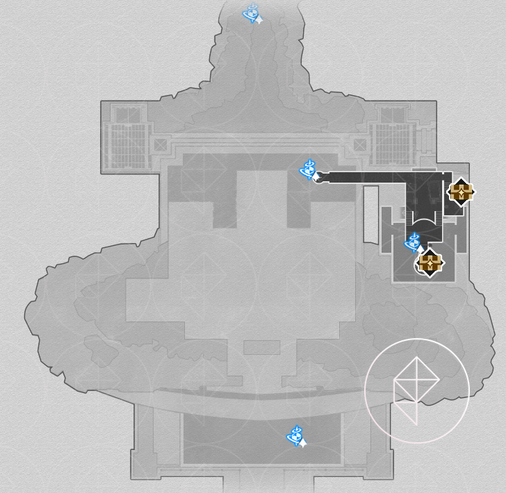 A map of the “Sanctum of Prophecy” Janusopolis’ third basement floor, marking the locations of visible treasure.