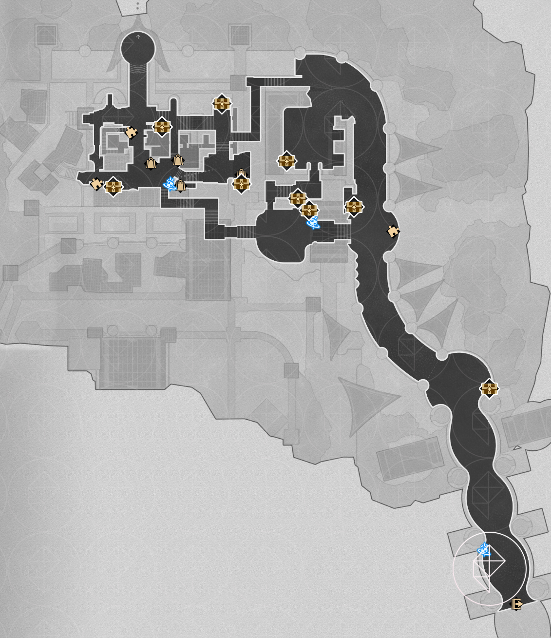 A map of the left side of Okhema in Honkai: Star Rail with all the chests marked.
