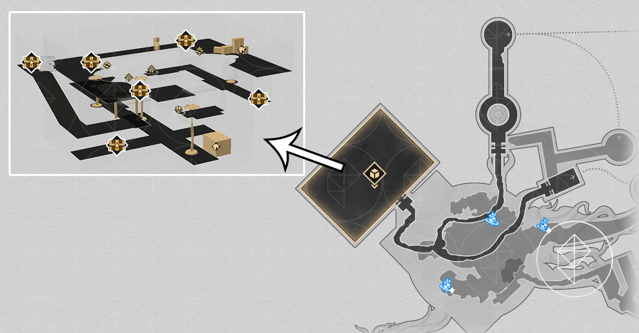 A map of “Murmuring Woods” Grove of Epiphany in Honkai: Star Rail, showing the chests on the third floor.