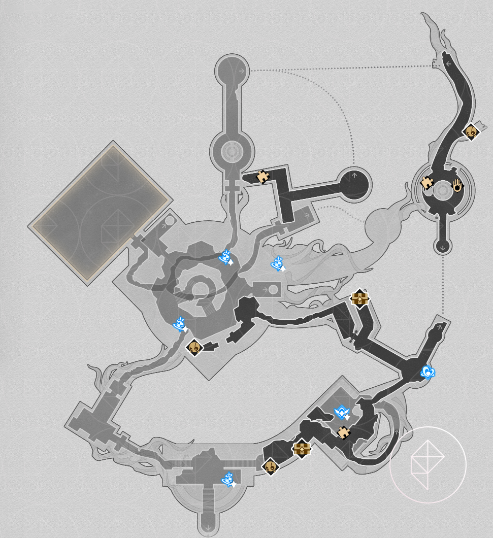 A map of “Murmuring Woods” Grove of Epiphany in Honkai: Star Rail, showing the chests on the second floor.