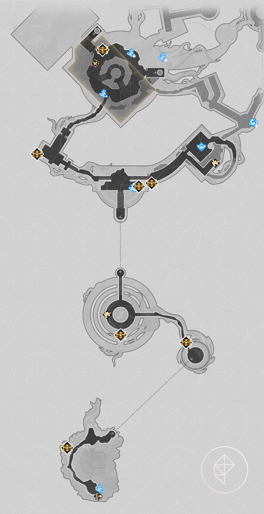 A map of “Murmuring Woods” Grove of Epiphany in Honkai: Star Rail, showing the chests on the first floor.