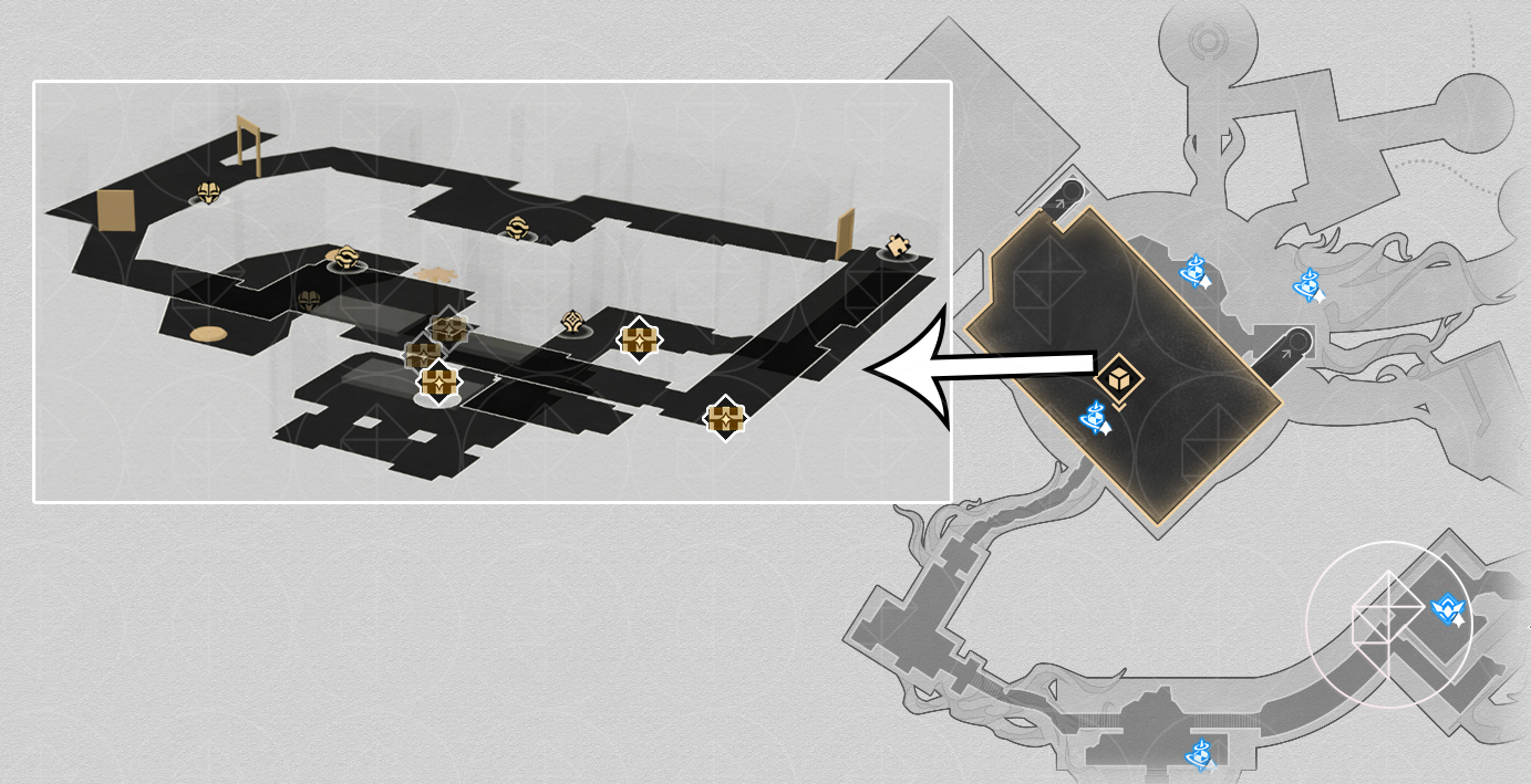 A map of “Murmuring Woods” Grove of Epiphany in Honkai: Star Rail, showing the chests on the basement floor.