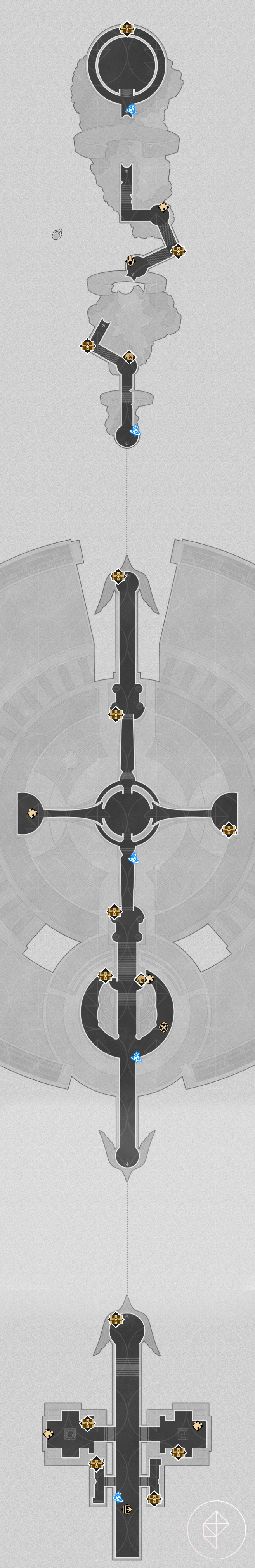 A map of the “Demigod Council” Dawncloud area in Honkai: Star Rail, marking where to find all the treasure chests.