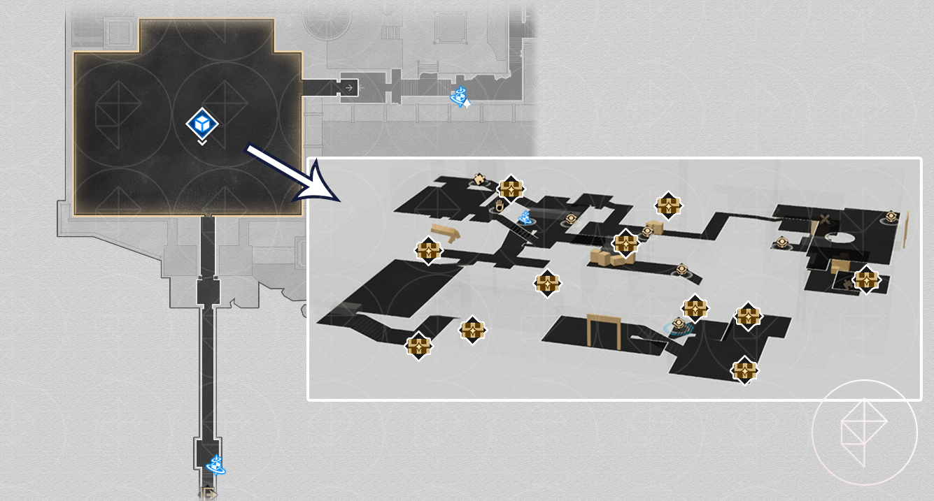 A map of F1 of the Dragonbone area in Honkai: Star Rail, marking the various chests