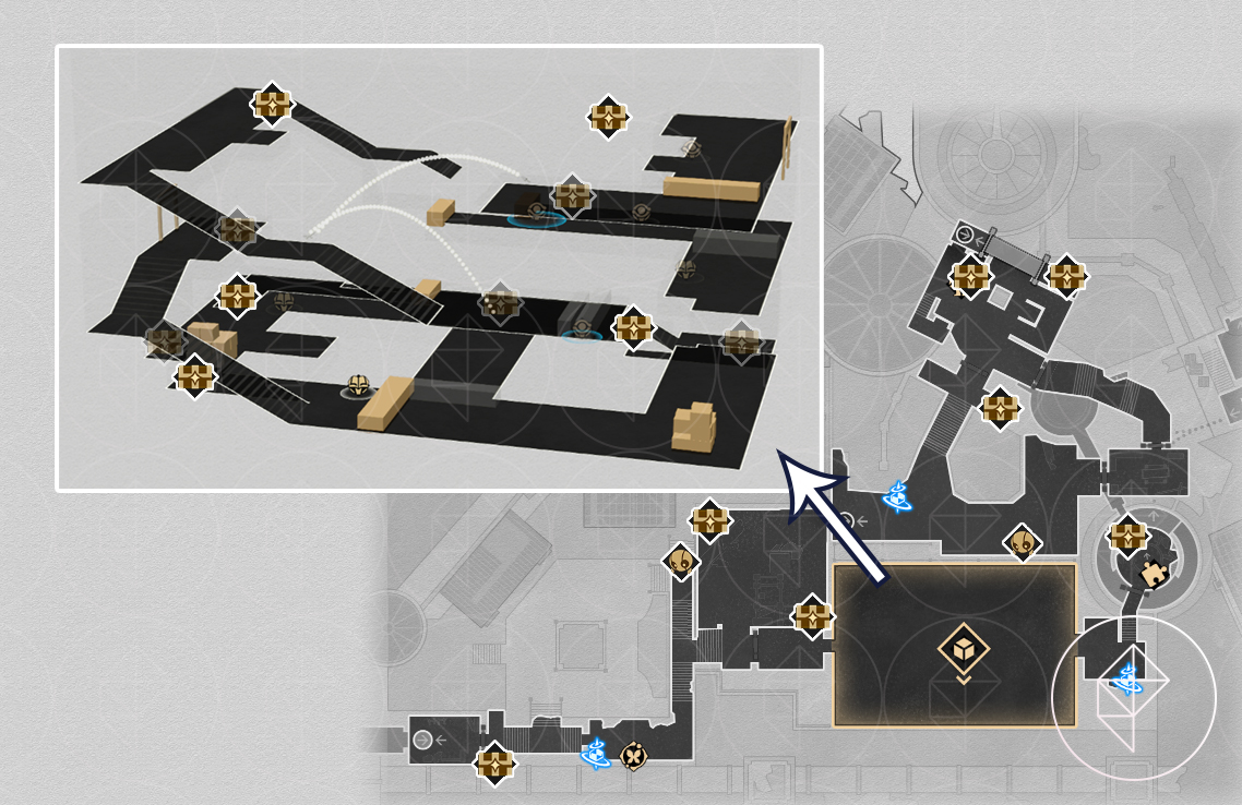 A map of F2 of Dragonbone City in Honkai: Star Rail, marking the various chests in the area.