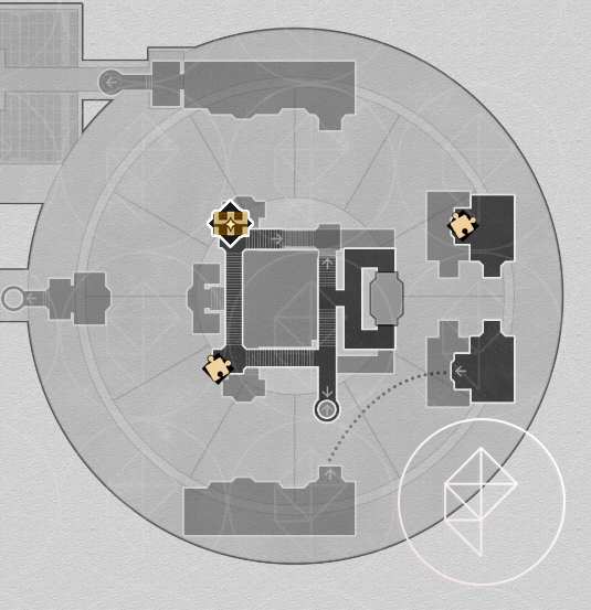 A map of the first basement floor of “Fortress of Dome” Eye of Twilight in Honkai: Star Rail, showcasing the various chests you can find there.