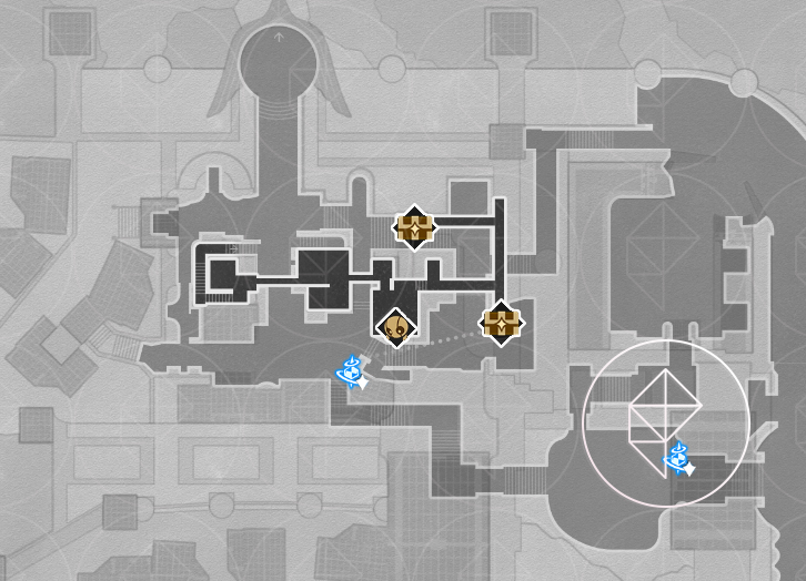 A map of the upper left side of Okhema in Honkai: Star Rail with the various chests marked.