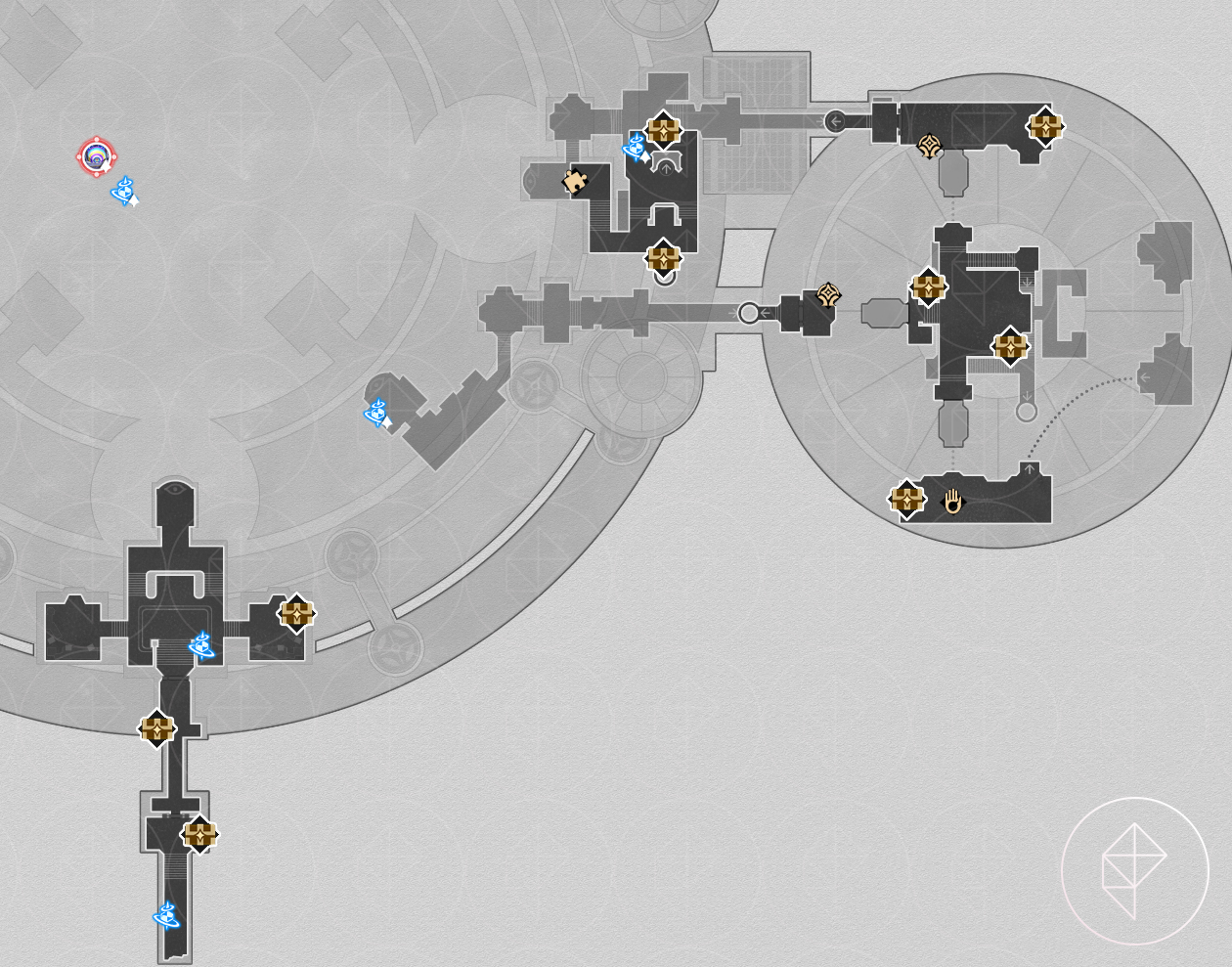 A map of the first floor of “Fortress of Dome” Eye of Twilight in Honkai: Star Rail, showcasing the various chests you can find there.