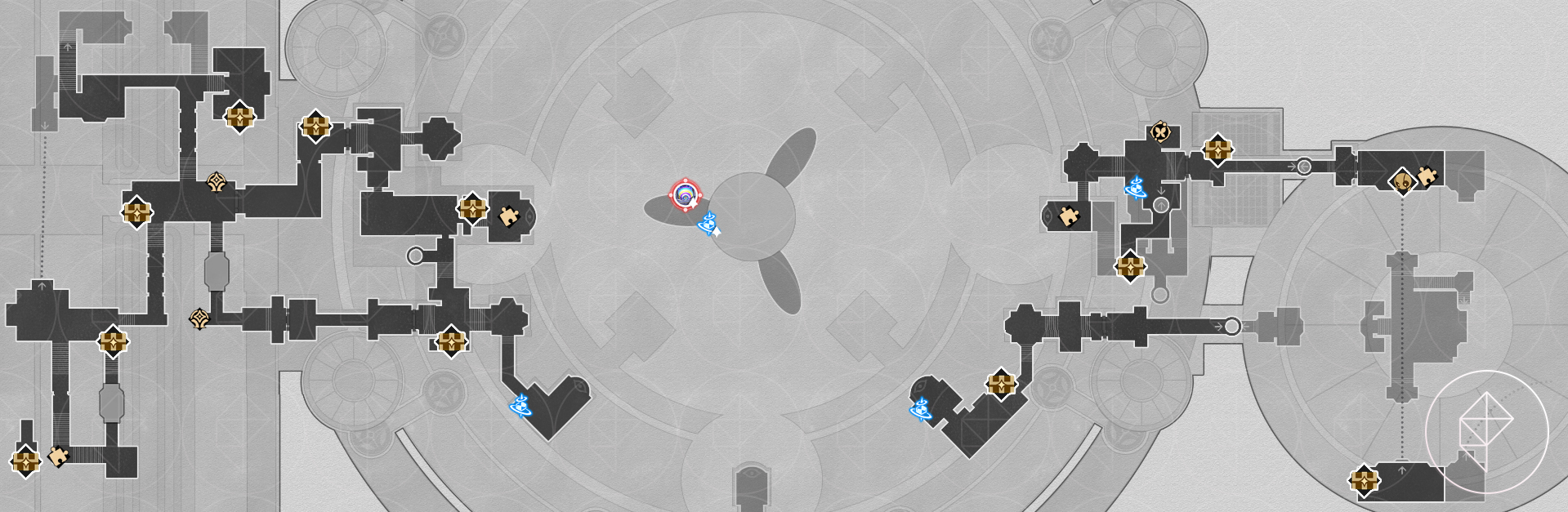 A map of the second floor of “Fortress of Dome” Eye of Twilight in Honkai: Star Rail, showcasing the various chests you can find there.