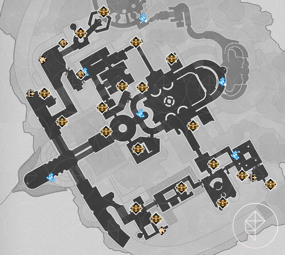 A map of the fallen version of Ohkema city in Honkai: Star Rail, showing all the chests you can find on the east side’s first floor.