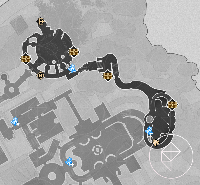A map of the fallen version of Ohkema city in Honkai: Star Rail, showing all the chests you can find on the east side’s second floor.