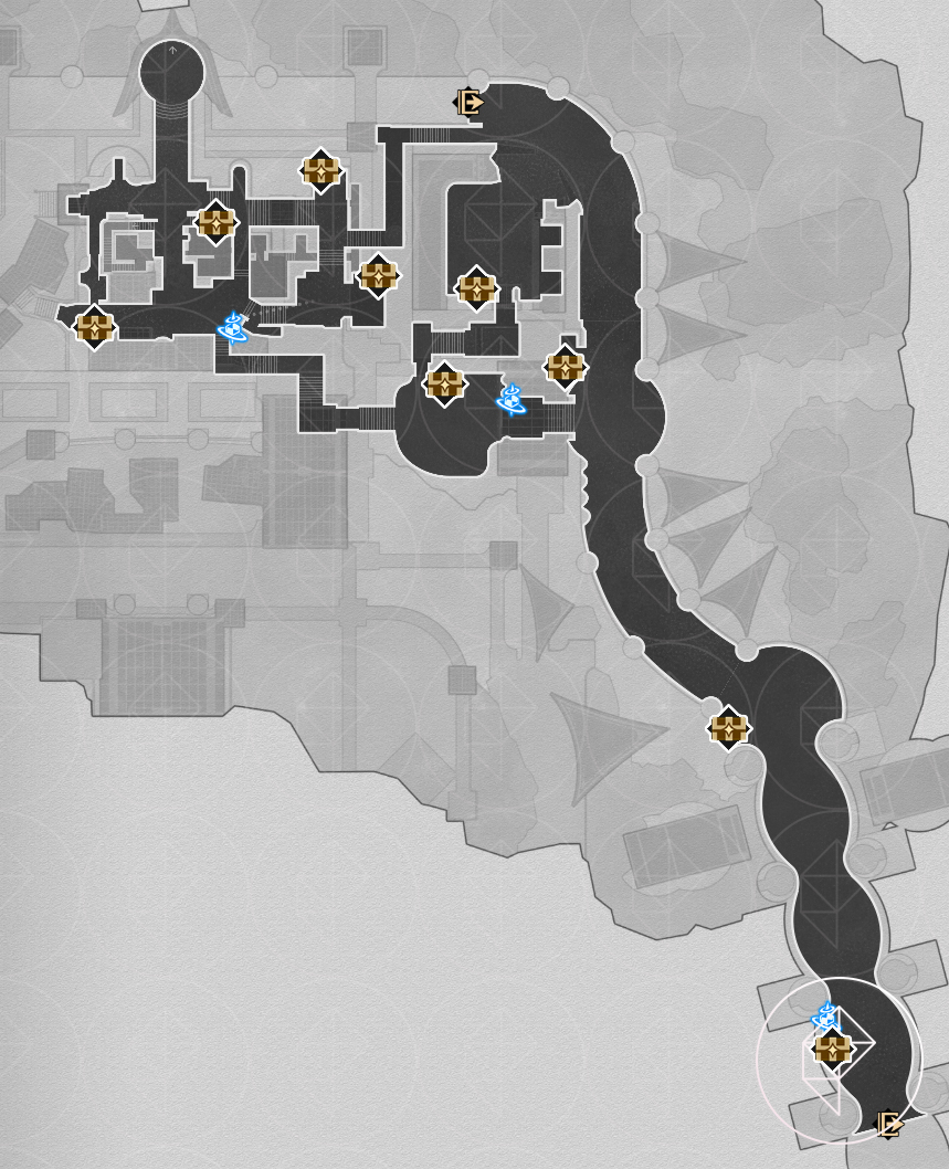 A map of the fallen version of Ohkema city in Honkai: Star Rail, showing all the chests you can find on the west side’s first floor.