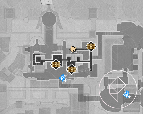 A map of the fallen version of Ohkema city in Honkai: Star Rail, showing all the chests you can find on the west side’s second floor.